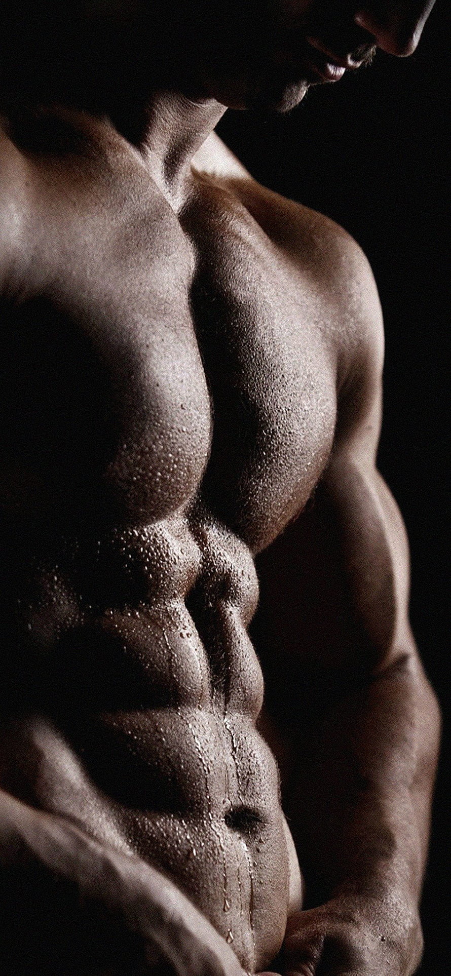 Dramatic Close-Up of a Sweating Muscular Male Torso in Low Light HD phone wallpaper