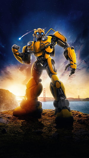 Bumblebee from Transformers standing on a cliff overlooking the Golden Gate Bridge at sunset HD phone wallpaper