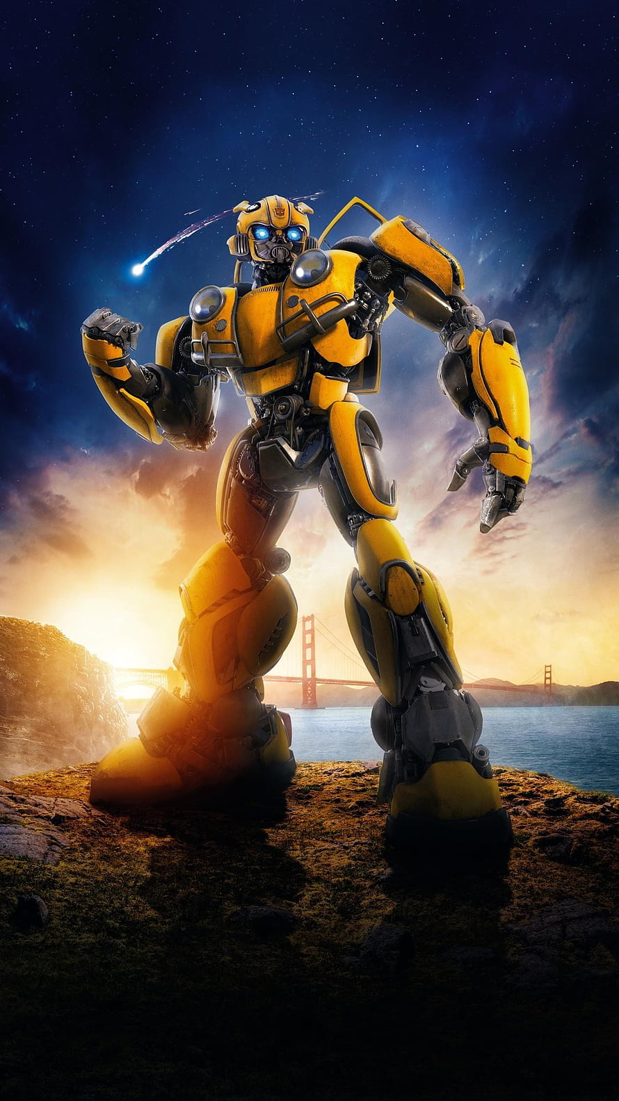 Bumblebee from Transformers standing on a cliff overlooking the Golden Gate Bridge at sunset HD phone wallpaper