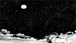 Berserk Manga Panel: Guts Lying Under a Starry Night Sky with a Bright Moon HD wallpaper