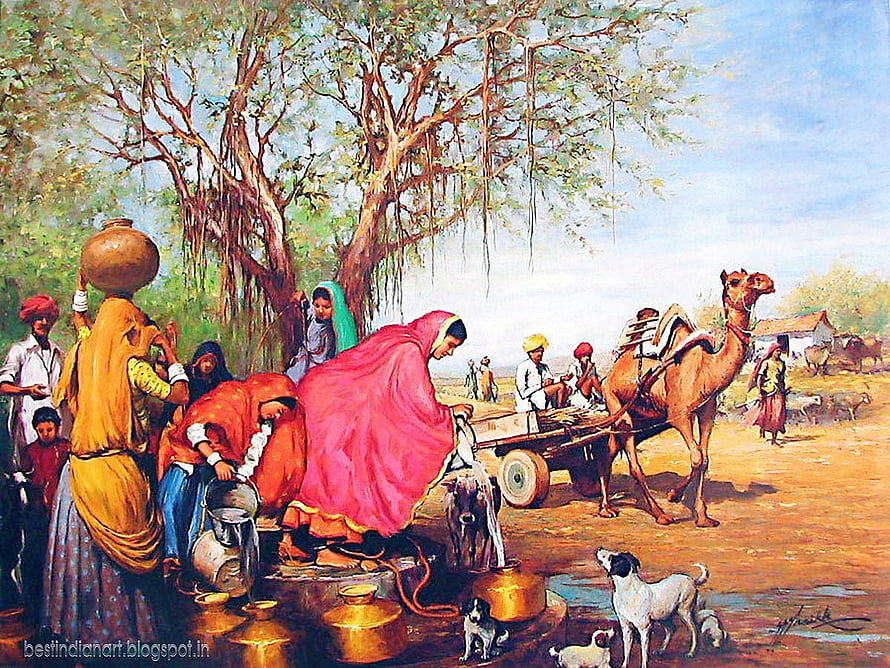 Rajasthani Village Life Oil Painting with Women, Camels, and Traditional Attire HD wallpaper