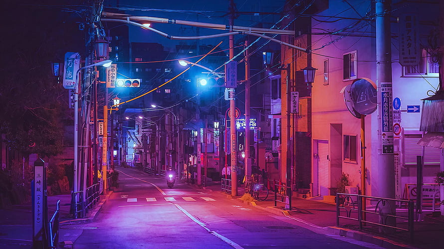 Neon-lit Japanese street at night with purple and blue cinematic tones HD wallpaper