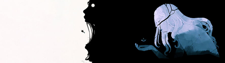 Silhouette of a screaming face opposite a cracked blue figure holding a small object HD wallpaper