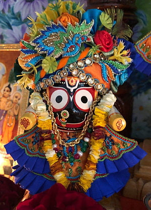 Puri Jagannath Deity Adorned in Vibrant Silk Garments and Floral Garland HD phone wallpaper