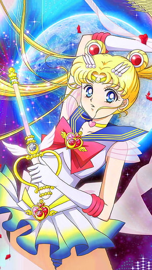 Sailor Moon in Super Sailor Form Holding Wand Against Cosmic Moon Background HD phone wallpaper