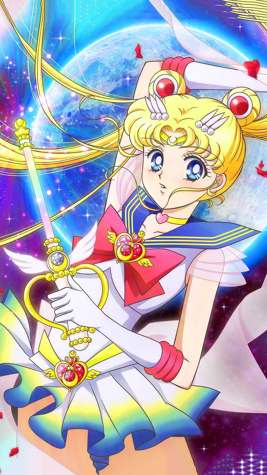 Sailor Moon in Super Sailor Form Holding Wand Against Cosmic Moon Background HD phone wallpaper