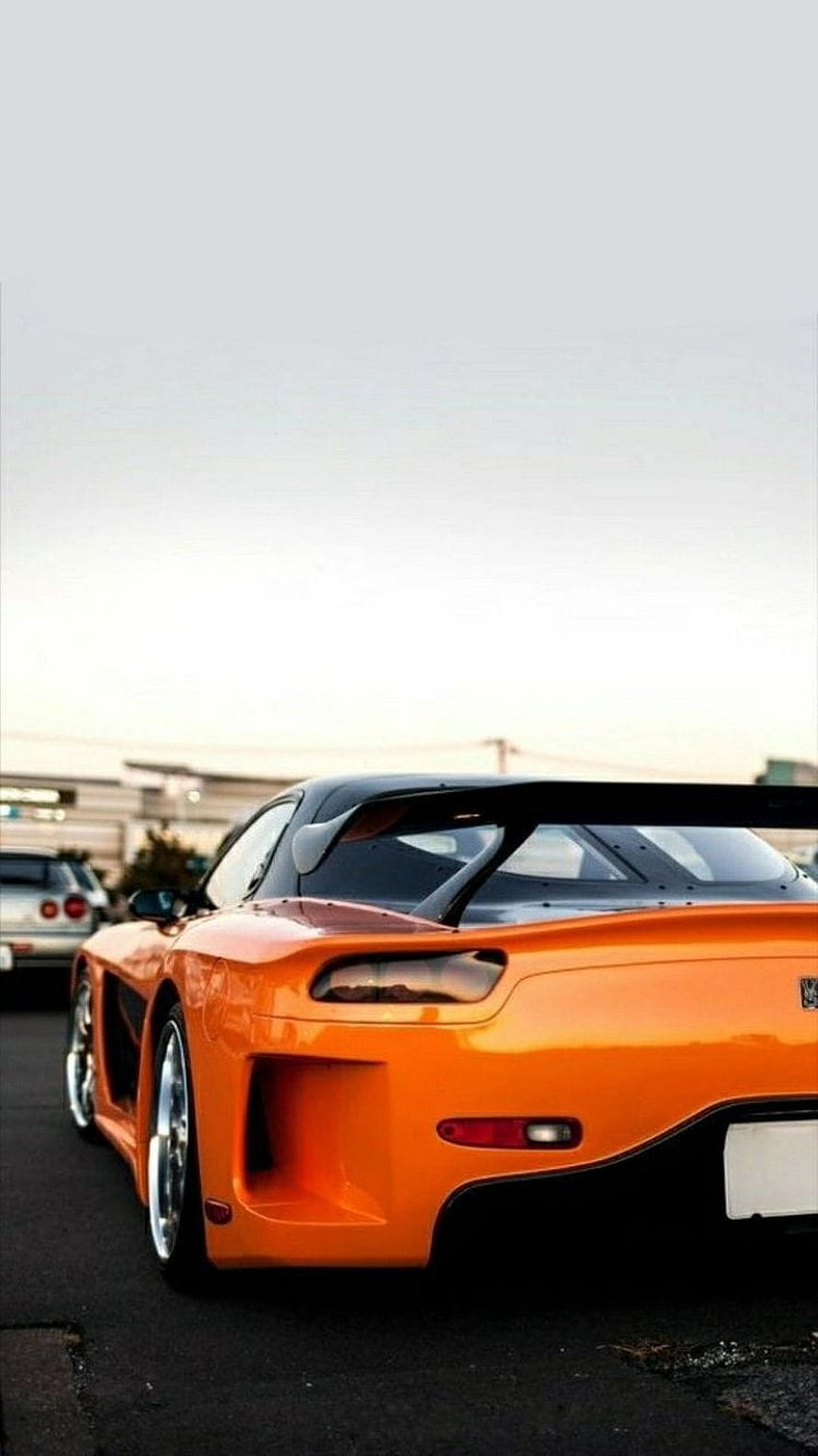 Orange Mazda RX-7 Veilside Widebody Rear Three-Quarter View HD phone wallpaper