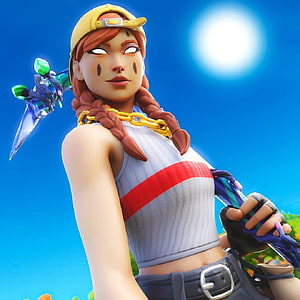Fortnite Female Character With Red Braids, Yellow Cap, And Crystal Dagger Against Blue Sky HD phone wallpaper