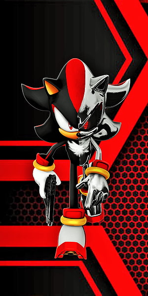 Shadow The Hedgehog Split Design Character Artwork with Red and Black Geometric Background HD phone wallpaper