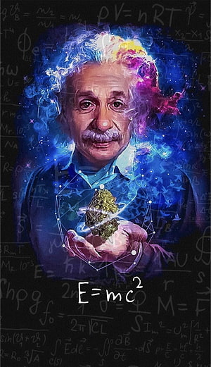 Albert Einstein Digital Art Portrait with Cosmic Nebula Hair and E=mc² Formula HD phone wallpaper