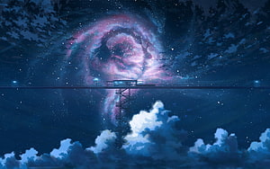 Surreal Night Sky With Pink Galaxy And Floating Bridge Above Clouds HD wallpaper