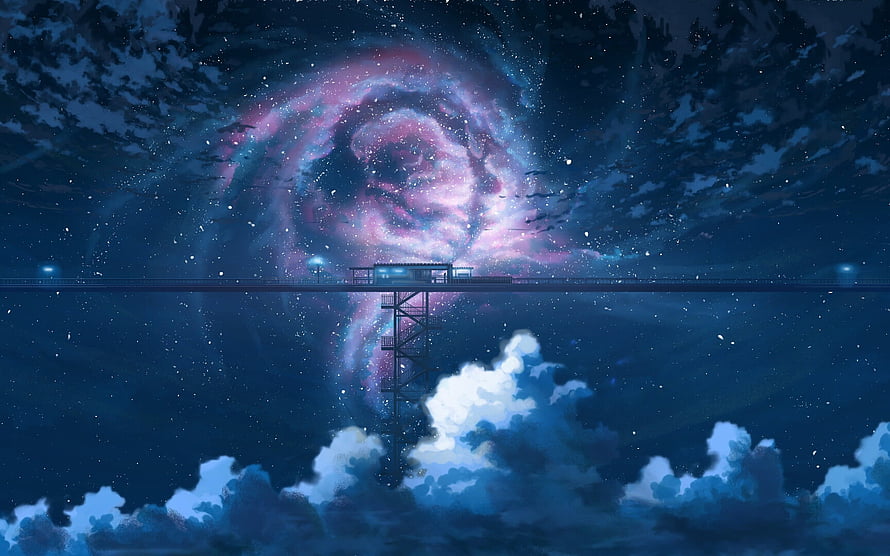 Surreal Night Sky With Pink Galaxy And Floating Bridge Above Clouds HD wallpaper