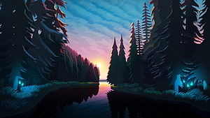 Stylized Animated Forest Landscape with Glowing Lake at Sunset HD wallpaper