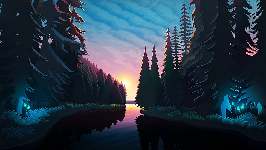 Stylized Animated Forest Landscape with Glowing Lake at Sunset HD wallpaper
