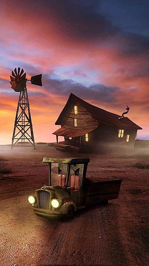 Courage The Cowardly Dog Farmhouse and Vintage Truck at Sunset HD phone wallpaper
