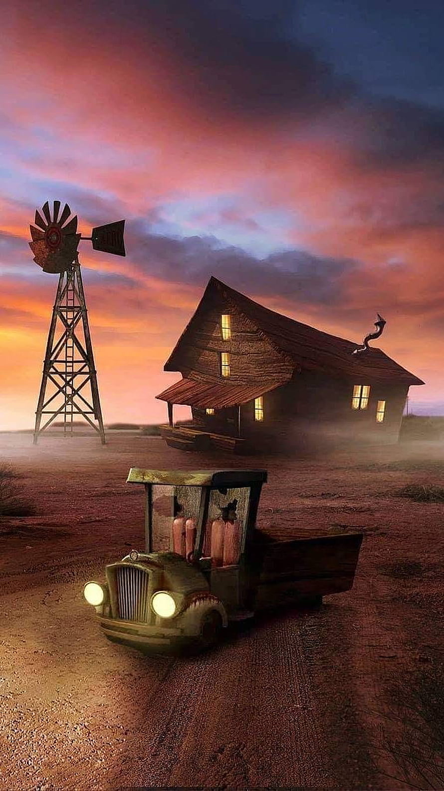 Courage The Cowardly Dog Farmhouse and Vintage Truck at Sunset HD phone wallpaper