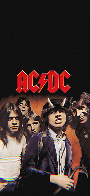 ACDC Band Members in Vintage Rock Style with Devil Horns and Classic Logo HD phone wallpaper
