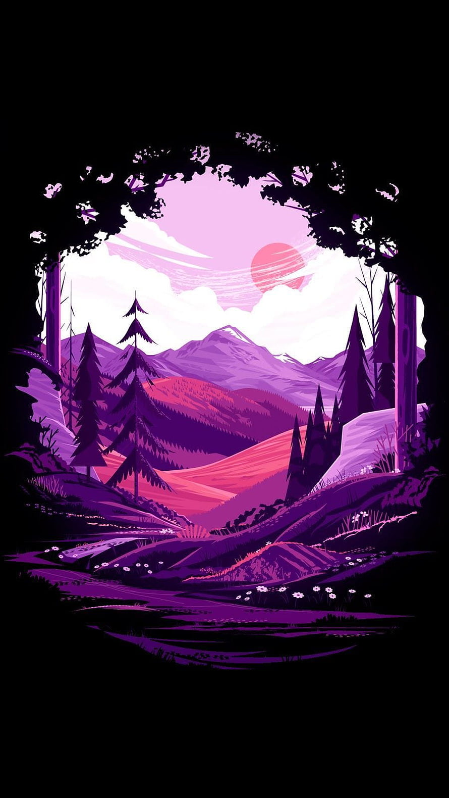 Purple Mountain Landscape With Pine Trees And Sunset HD phone wallpaper