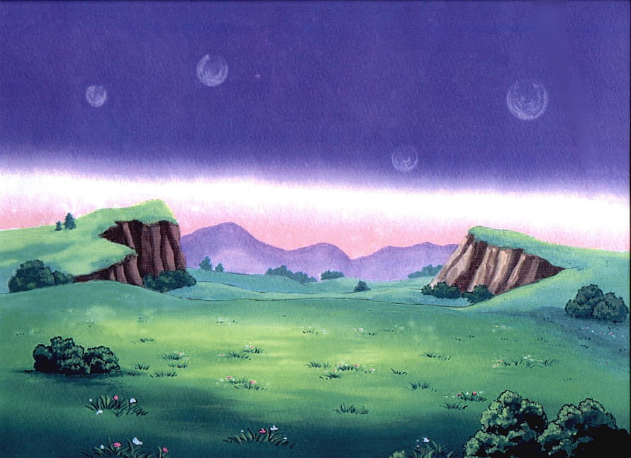 Dragon Ball Z Animated Landscape with Rolling Green Hills and Purple Twilight Sky HD wallpaper