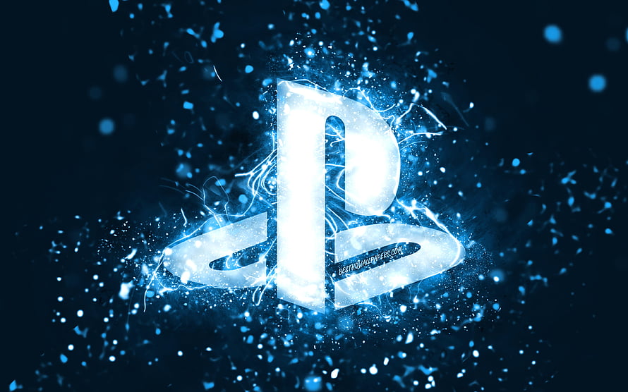 PlayStation Logo Glowing with Electric Blue Energy and Particle Effects on Dark Background HD wallpaper