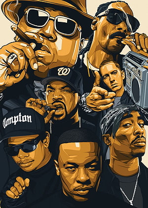 Illustrated collage of legendary hip hop artists including Tupac, Snoop Dogg, and Dr. Dre in a stylized graphic design HD phone wallpaper
