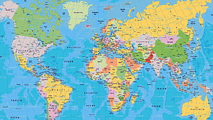 Detailed Political World Map with Color-Coded Countries and Oceans HD wallpaper