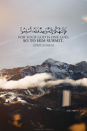 Snowy Mountain Landscape With Quran Verse Surat Al-Haj 34 HD phone wallpaper