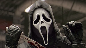 Scream Ghostface Killer Holding Bloodied Knife in Dark Hooded Costume HD wallpaper