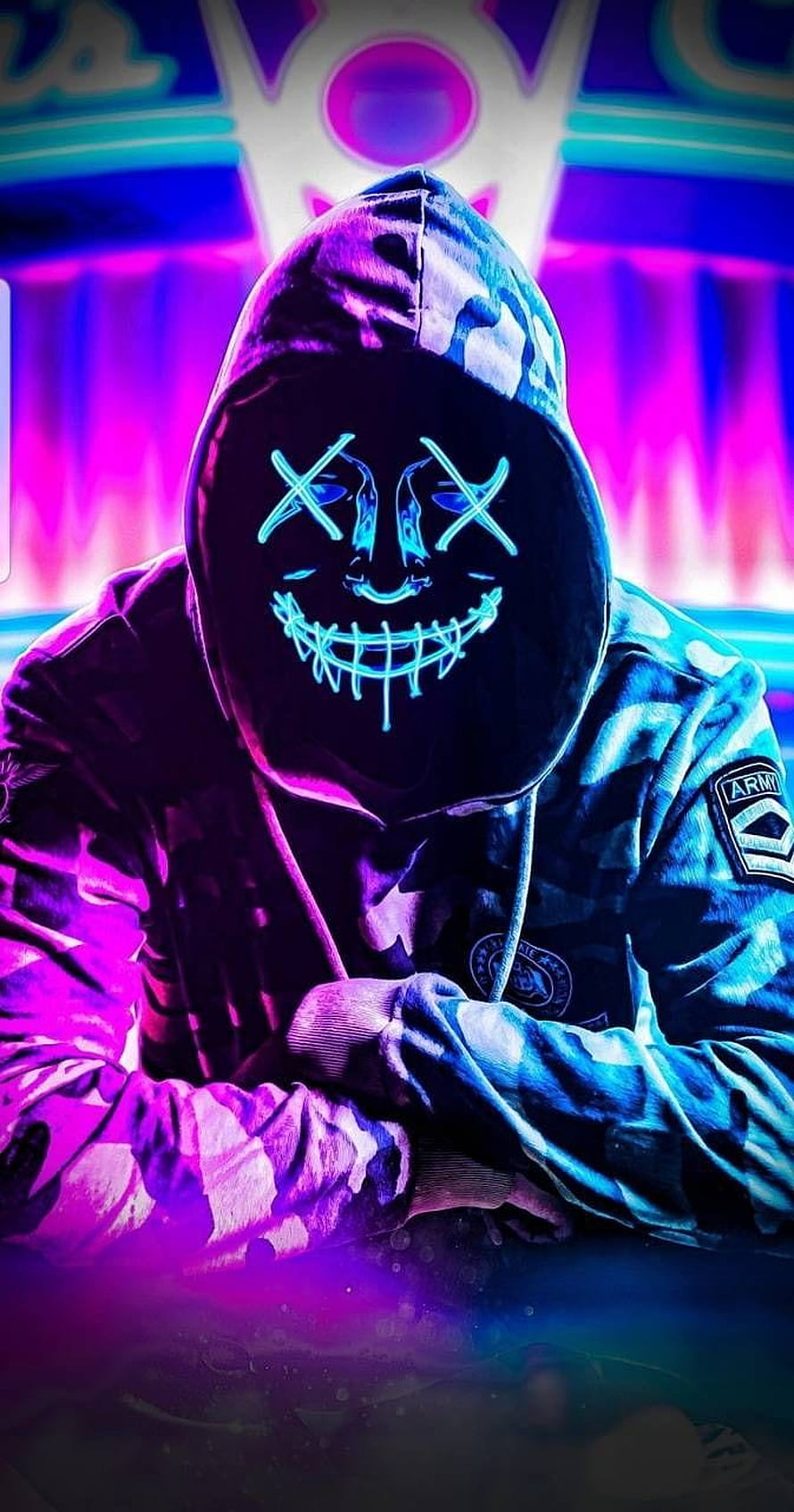 Neon Glowing Mask Hoodie Character in Cyberpunk Style with Purple and Blue Lighting HD phone wallpaper