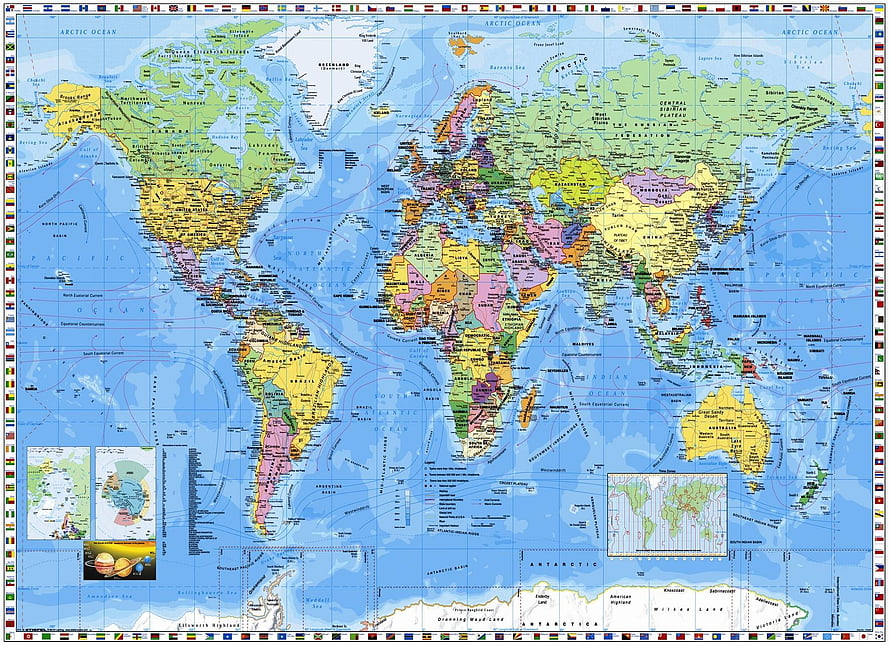 Detailed Political World Map with Country Borders, Capitals, and National Flags HD wallpaper