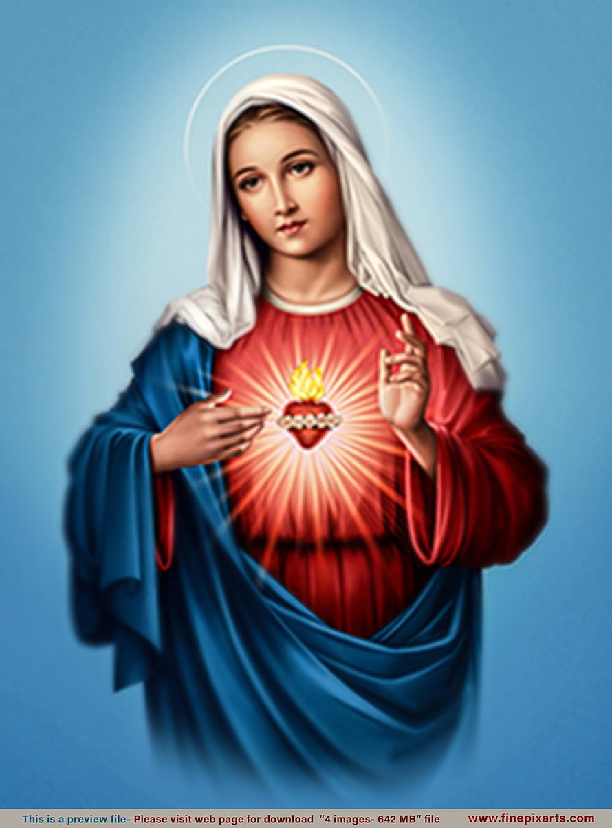 Immaculate Heart of Mary Sacred Religious Icon with Radiant Flame and Blue Mantle HD phone wallpaper