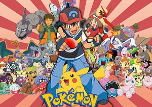 Ash Ketchum and Pikachu with Full Pokemon Roster Anime Wallpaper HD wallpaper