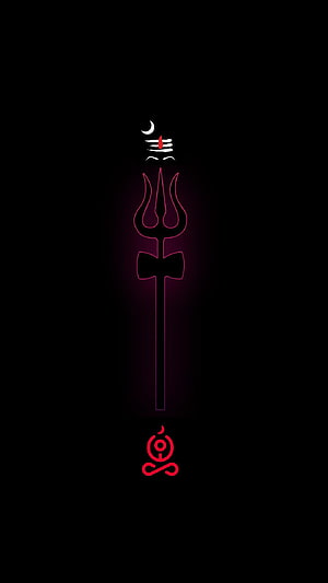 Neon Trishul Symbol With Crescent Moon And Om Sign On Black Background HD phone wallpaper