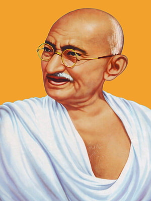 Portrait of Mahatma Gandhi Wearing White Robe and Round Glasses on Orange Background HD phone wallpaper