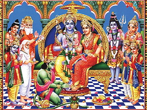 Radha Krishna Wedding Ceremony with Shiva Ganesha and Devas HD wallpaper