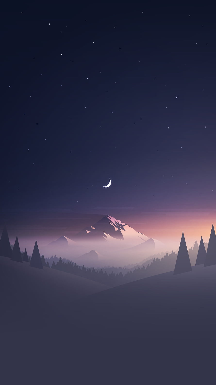 Minimalist Night Mountain Landscape with Crescent Moon and Pine Forest Silhouette HD phone wallpaper