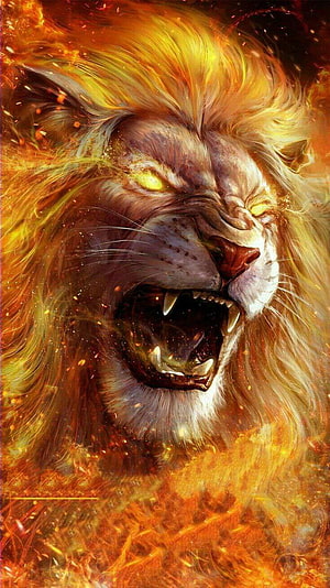 Fierce Roaring Lion Head Surrounded by Intense Flames and Fire HD phone wallpaper