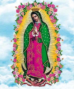 Our Lady of Guadalupe Religious Art with Pink Roses and Golden Halo HD phone wallpaper