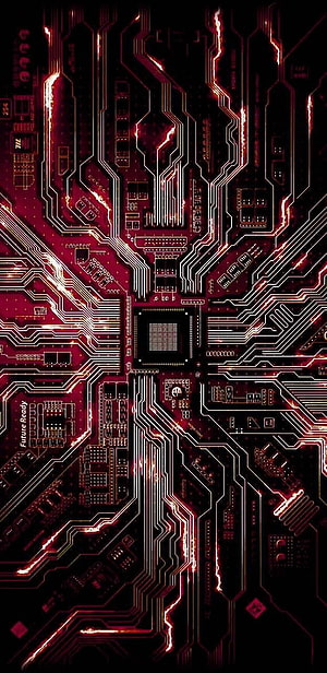 Glowing Red Circuit Board with Central Processor and Tracing Data Lines HD phone wallpaper