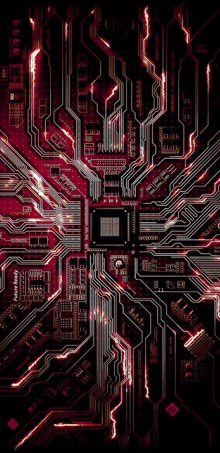 Glowing Red Circuit Board with Central Processor and Tracing Data Lines HD phone wallpaper