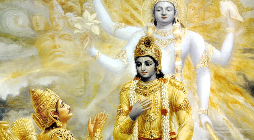 Lord Krishna Virat Roop Divine Form with Radiant Golden Aura and Celestial Figures HD wallpaper
