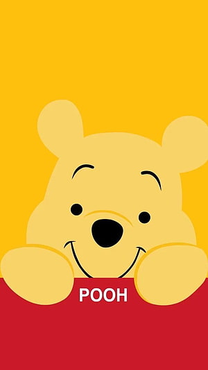 Winnie the Pooh Peeking Over Red Shirt on Yellow Background HD phone wallpaper