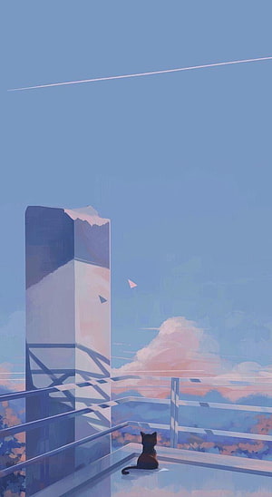 Serene Cat on Rooftop Balcony Gazing at Pastel Sky and Clouds HD phone wallpaper