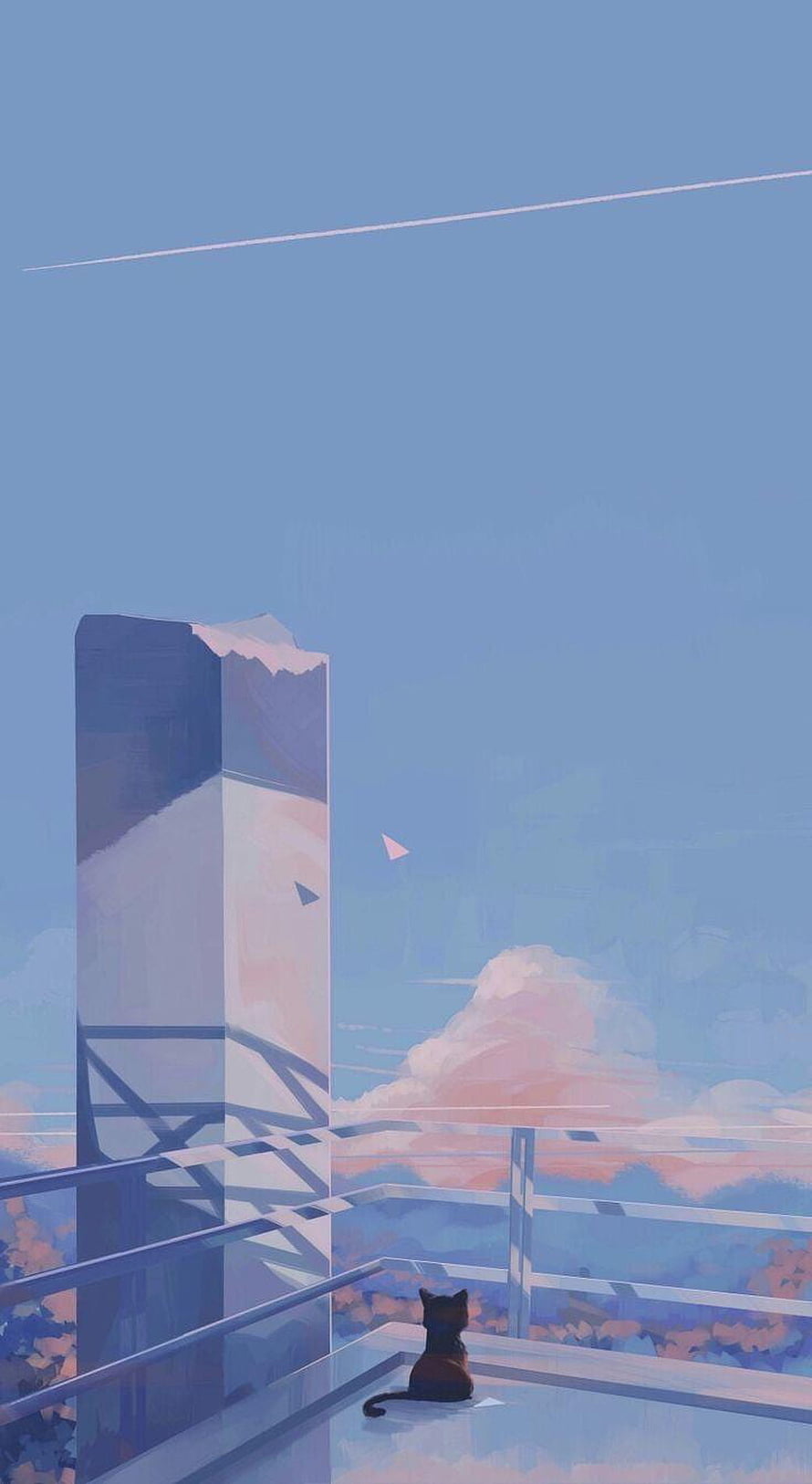 Serene Cat on Rooftop Balcony Gazing at Pastel Sky and Clouds HD phone wallpaper