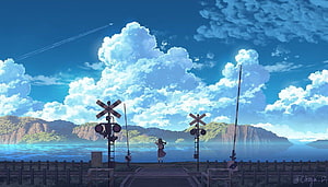 Anime Girl at Coastal Railway Crossing Under Summer Sky HD wallpaper