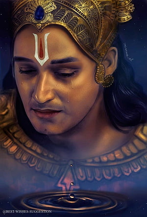 Emotional Portrait of Hindu Deity Krishna with Golden Crown and Tears Falling into Water HD phone wallpaper