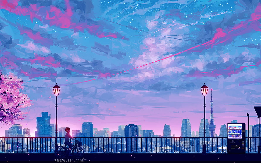 Anime Cityscape at Dusk with Tokyo Tower and Cherry Blossoms HD wallpaper