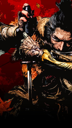 Sekiro Samurai Warrior Drawing Sword in Fiery Red and Black Comic Style HD phone wallpaper