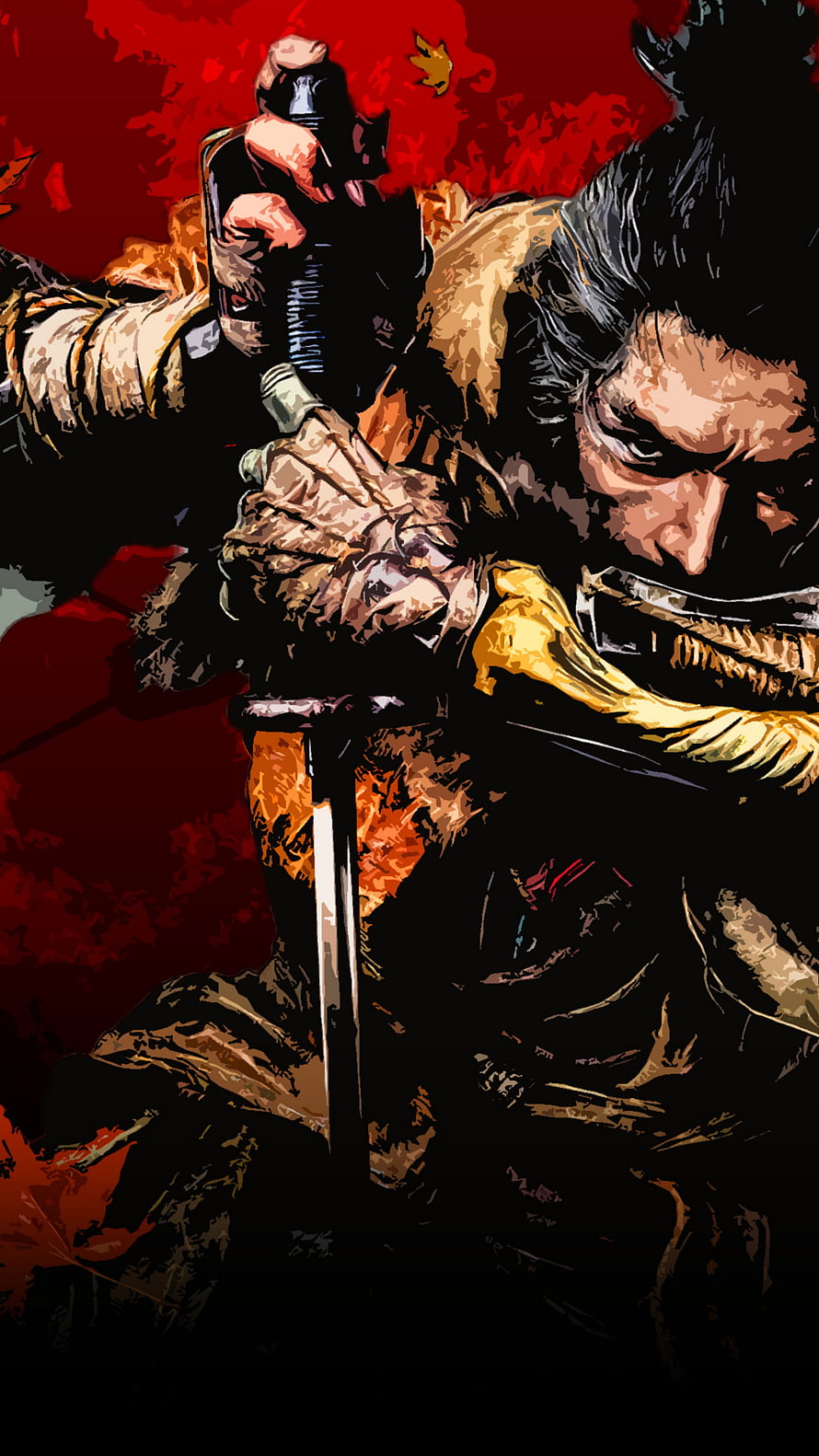Sekiro Samurai Warrior Drawing Sword in Fiery Red and Black Comic Style HD phone wallpaper