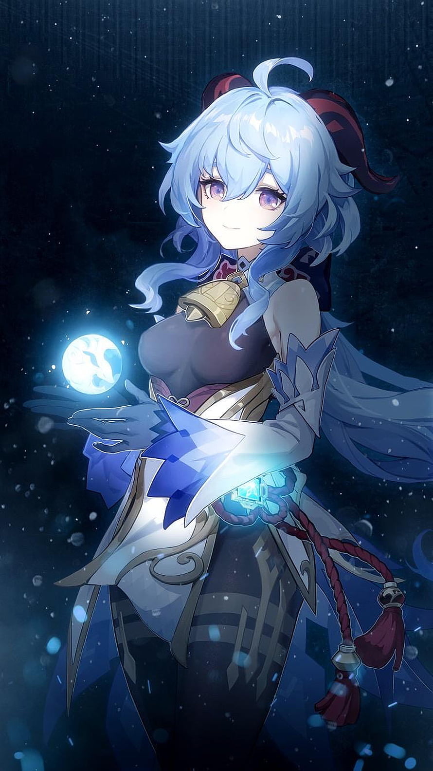 Ganyu from Genshin Impact holding a glowing crystal orb in a starry night setting HD phone wallpaper